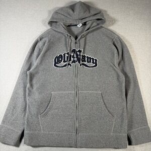 Vintage Old Navy Mens Gray Fleece Full Zip Hoodie Logo Graphic Size Large Y2K